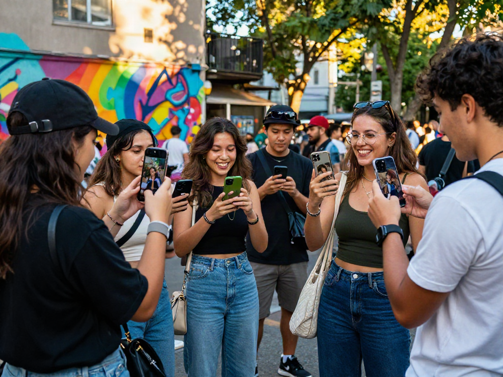 Group of friends using a celebrity look alike app in a vibrant urban setting.