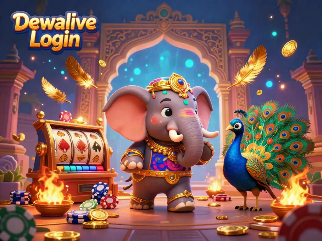 Dewalive Login showcases a vibrant gaming scene with an elephant and a peacock amidst colorful casino elements.