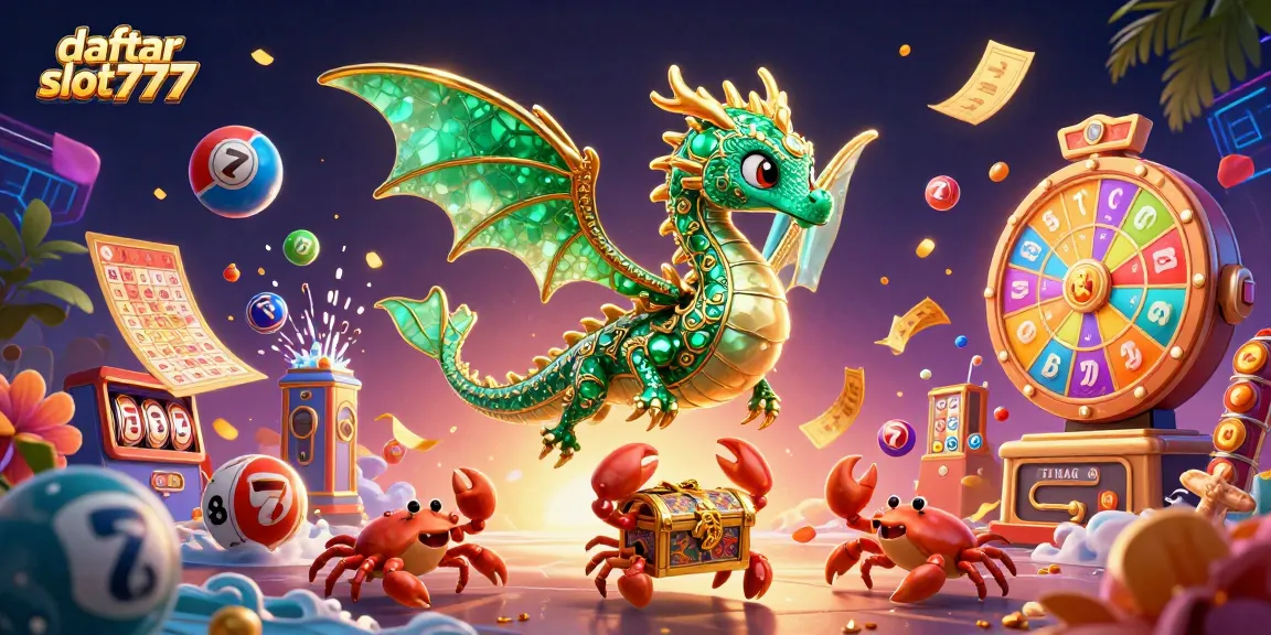 Experience the excitement of daftar slot777 with a vibrant casino scene featuring lottery balls and slot elements.