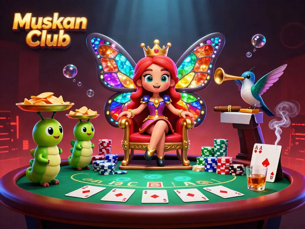 Engage in thrilling gaming at Muskan Club, illustrated through vibrant 3D art featuring playful characters and dynamic casino elements.