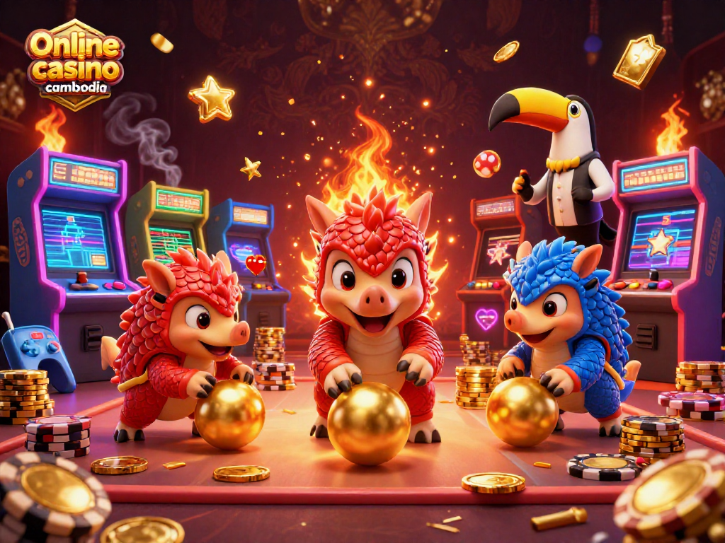Engage with the thrilling Online casino cambodia scene featuring rival pangolins, poker chips, and arcade machines.