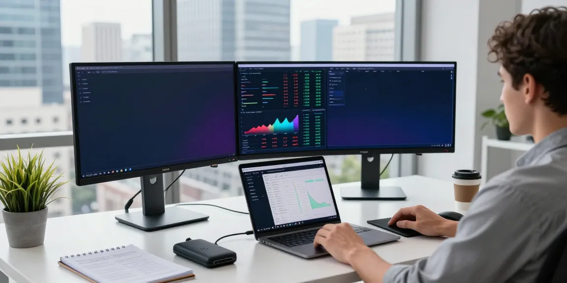 Real-time forex data API usage in a professional cryptocurrency trading workspace, featuring monitors showing exchange rates and a crypto wallet.