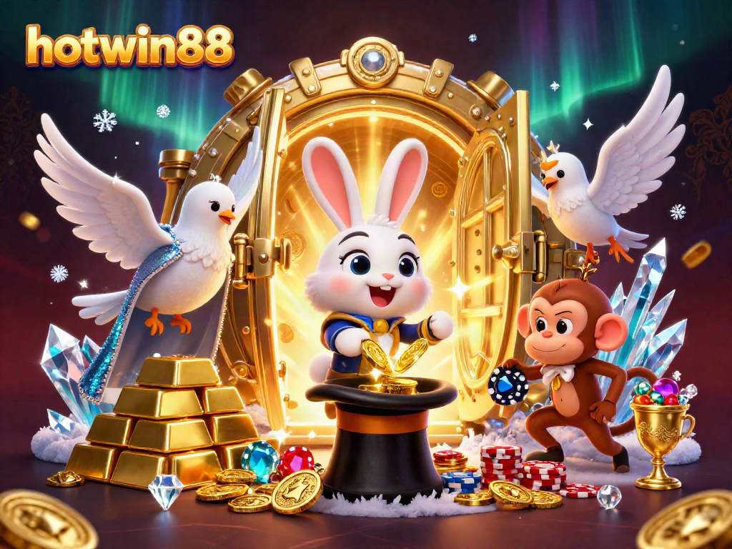 Experience the thrill of hotwin88 with a cartoon magician rabbit, assistant dove, and mischievous monkey in a vibrant casino scene.