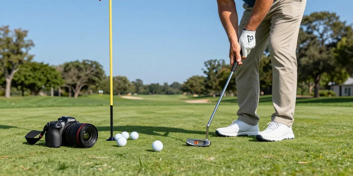 Dalam konteks https://puttperfection.com/putter-reviews, seorang penggolf berlatih pukulan putting dengan putter premium di lapangan golf.