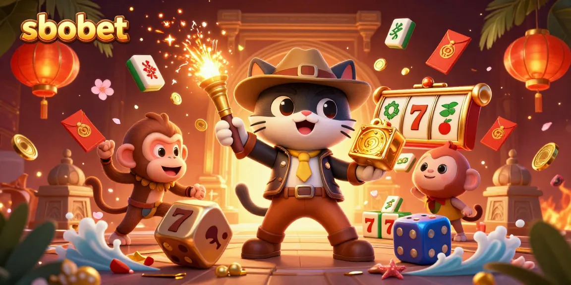 sbobet showcases a vibrant cat archaeologist discovering a golden artifact in a bustling casino temple