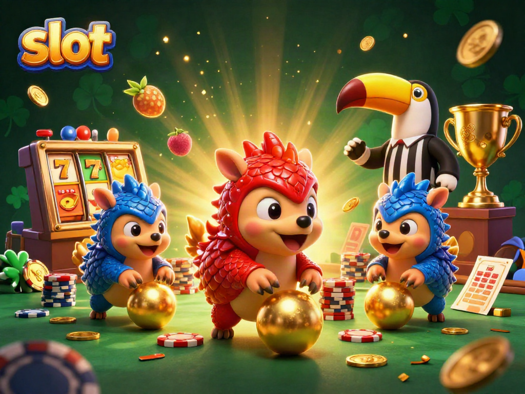Engage with dynamic slot action in a colorful 3D casino scene showcasing fierce pangolin rivals.
