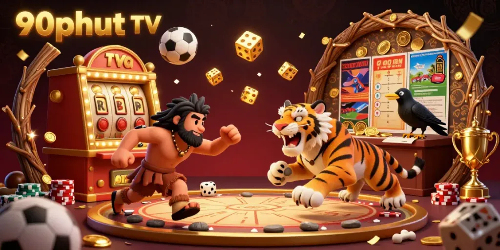 Experience the excitement of sports betting with 90phut TV featuring a lively visual of cartoon characters engaged in action.