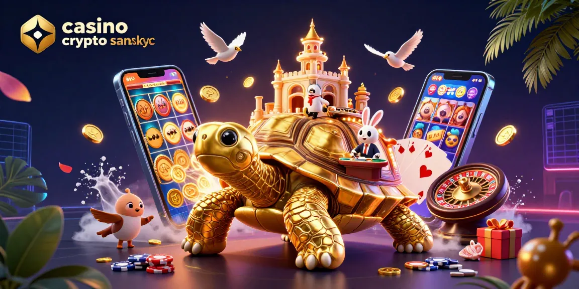 Jouer sur un casino crypto sans KYC avec une tortue dorée portant un palais de casino captivant.
