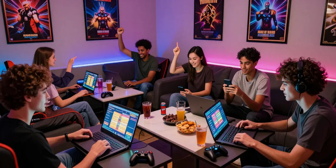 Groupe engagé jouant à des jeux de casino en ligne France dans un cadre de salon animé