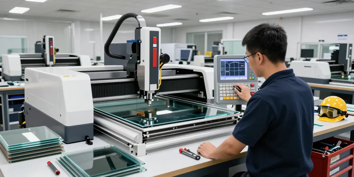 CNC glass cutting machine in action with skilled operator in a modern workshop.
