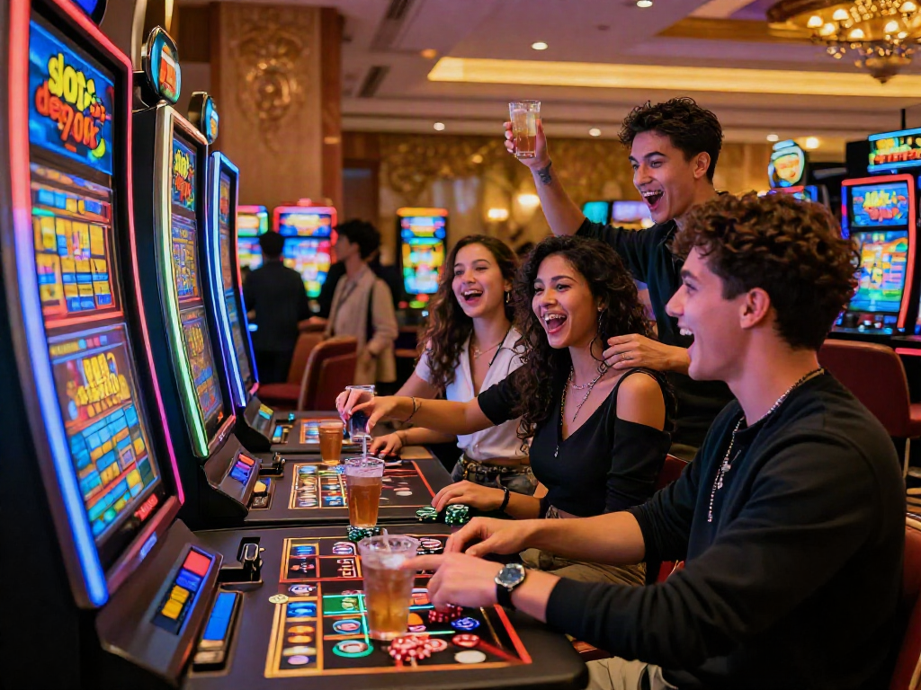 Exciting gaming atmosphere featuring "slot depo 10k" slot machine with friends enjoying the experience.