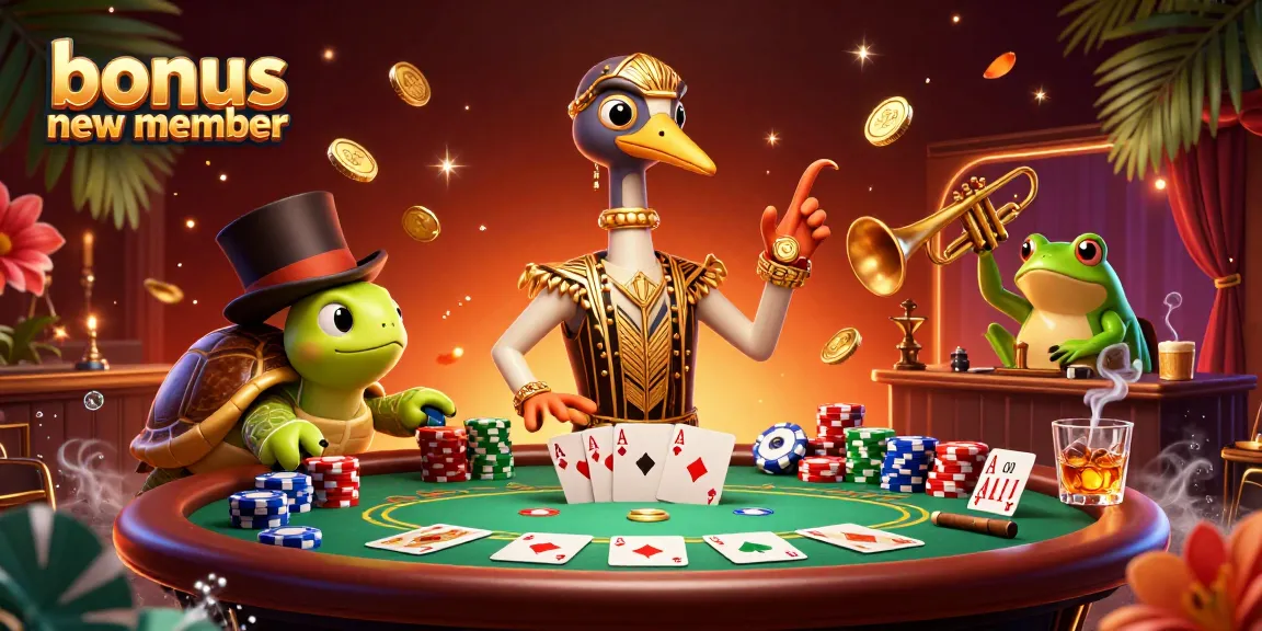 Engage with the bonus new member offers at our vibrant casino scene showcasing card games and festive characters.