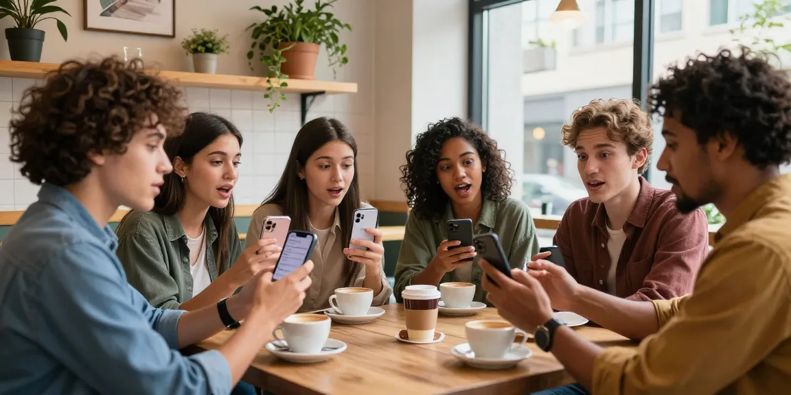 Group of friends taking an attractive test in a cozy café, sharing smiles and excitement.