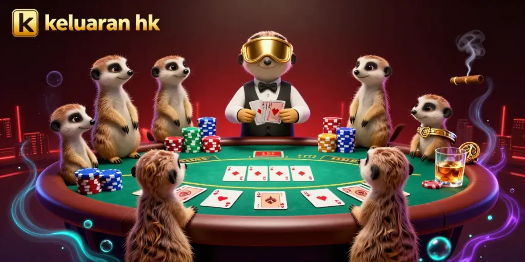 Tangkap momen keseruan keluaran hk oleh koloni meerkat yang menjalankan kasino dengan poker dan chip warna-warni.