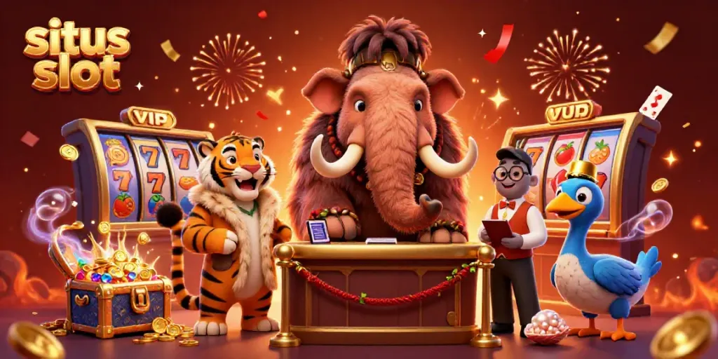 Experience situs slot excitement with a woolly mammoth bouncer and VIP saber-tooth tiger amidst vibrant slot machines.