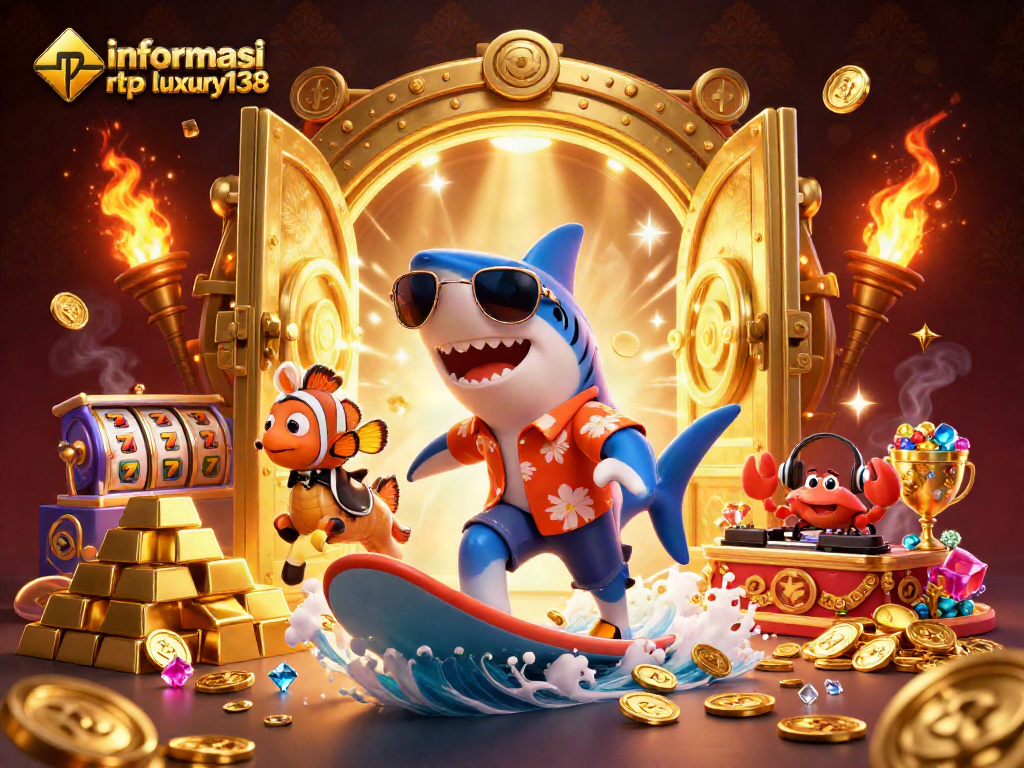 Menggali informasi rtp luxury138 melalui slot dengan hiu berjudi yang ceria dan kekayaan emas.