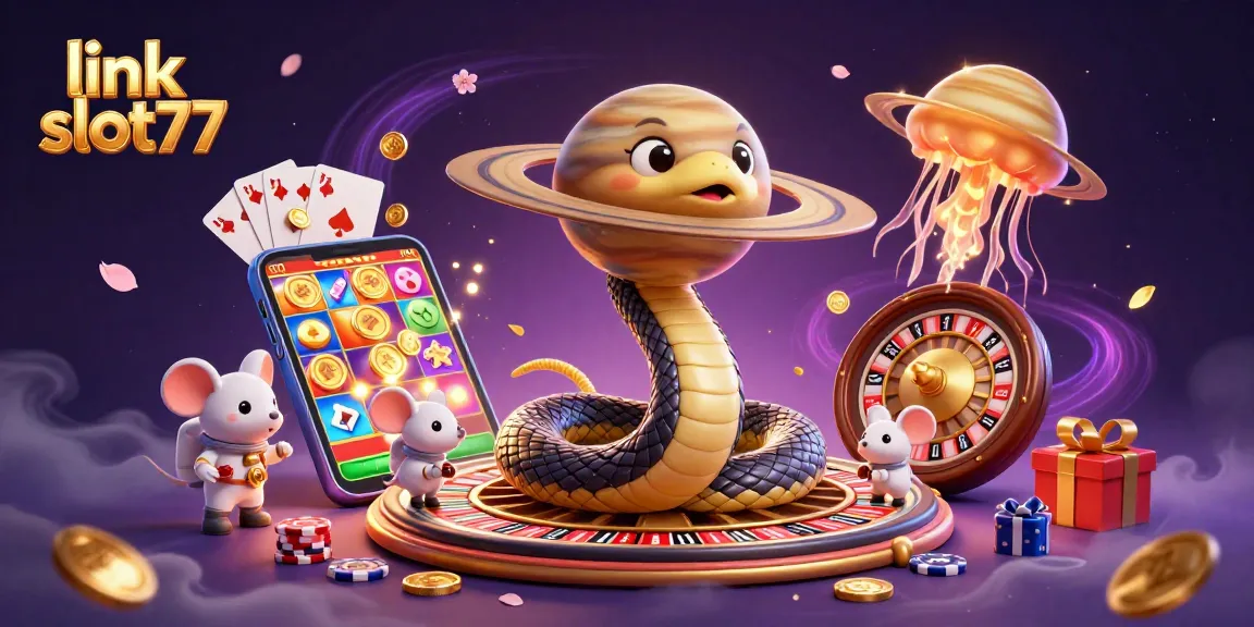Engage with link slot77 in this vibrant illustration showcasing cosmic characters and casino excitement.