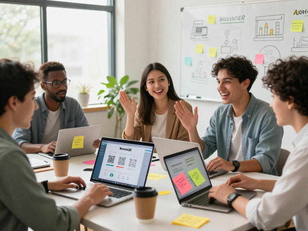 A diverse group discussing a loyalty application in a vibrant small business atmosphere