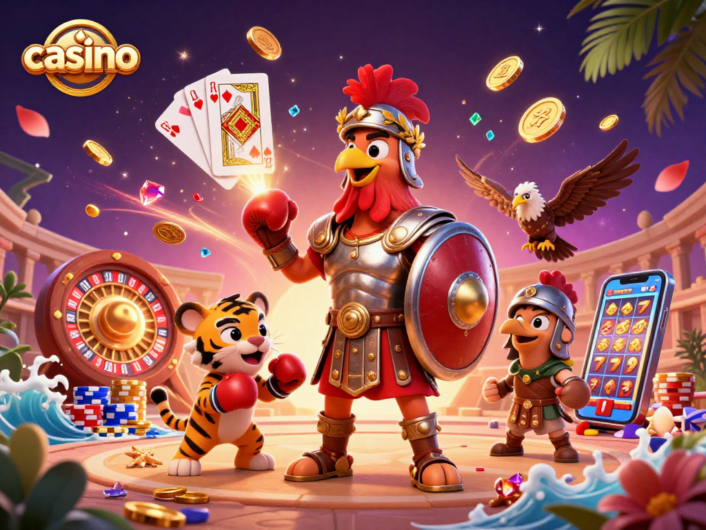Experience thrilling casino action with a gladiator rooster and its sparring cub partner.