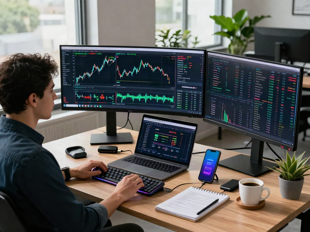 Professional trading scene with XXKK Exchange interface on multiple monitors, showcasing cryptocurrency charts and digital wallet.