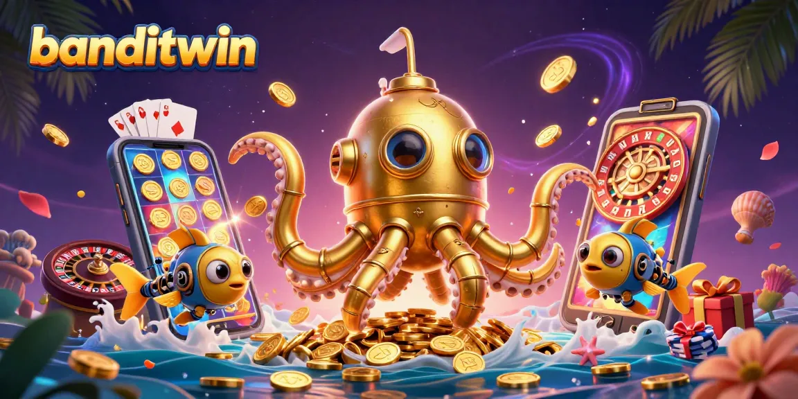 Banditwin menampilkan kapal selam kraken emas yang perlahan muncul dari lautan koin emas dan permainan slot.