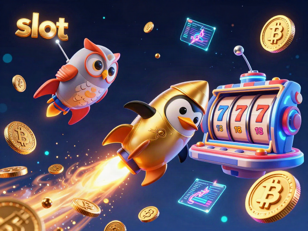 Spin the slot reels as a golden penguin blasts through space, surrounded by neon cryptocurrency!