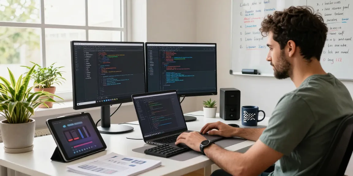 Working developer focusing on 纸飞机中文版 with multiple screens showcasing app features in a modern workspace.