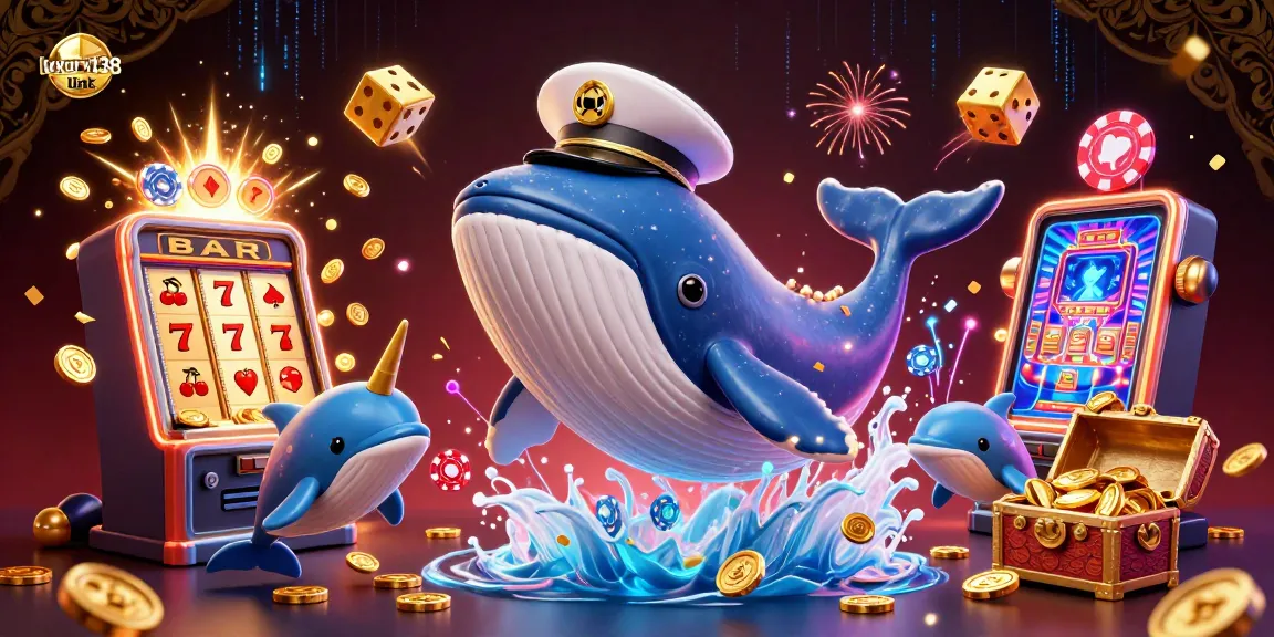 Engage in thrilling gaming with luxury138 link in a vibrant 3D casino scene featuring a cartoon whale and playful dolphins.