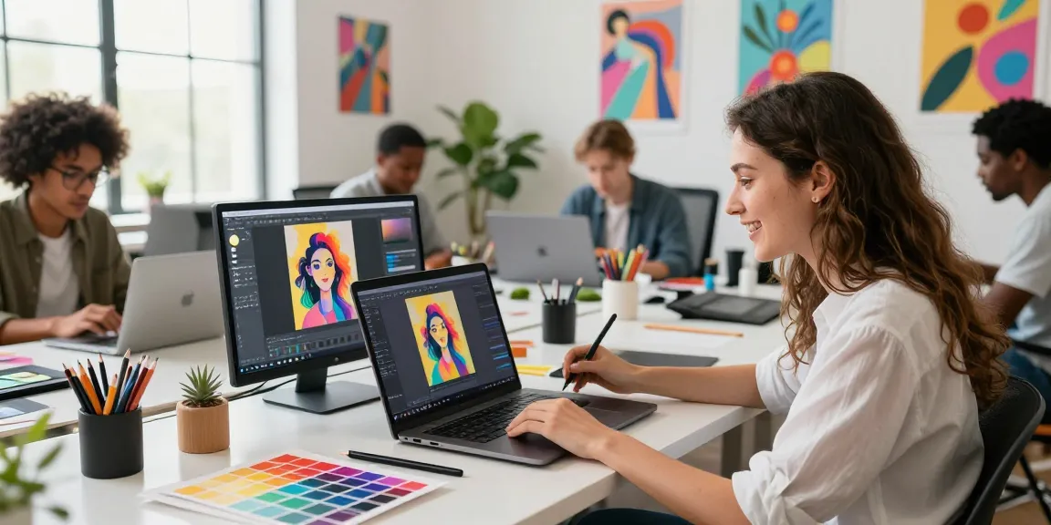 Team of digital artists collaborating using Nano Banana 2 for creative image editing in a lively studio.