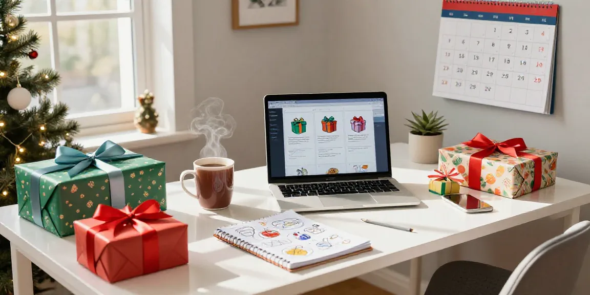 Creating gift guide content with AI in a cozy holiday home office, filled with vibrant decorations and brainstorming tools.