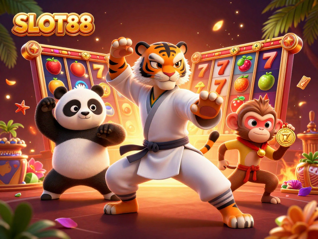 SLOT88 menghadirkan ilustrasi kasino yang memikat dengan harimau kung fu, panda, dan monyet di tengah petualangan judi.