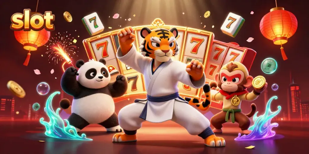 Pemain slot menguji keberuntungan dengan simbol keberuntungan dan elemen kasino yang ceria dalam ilustrasi 3D yang menarik.