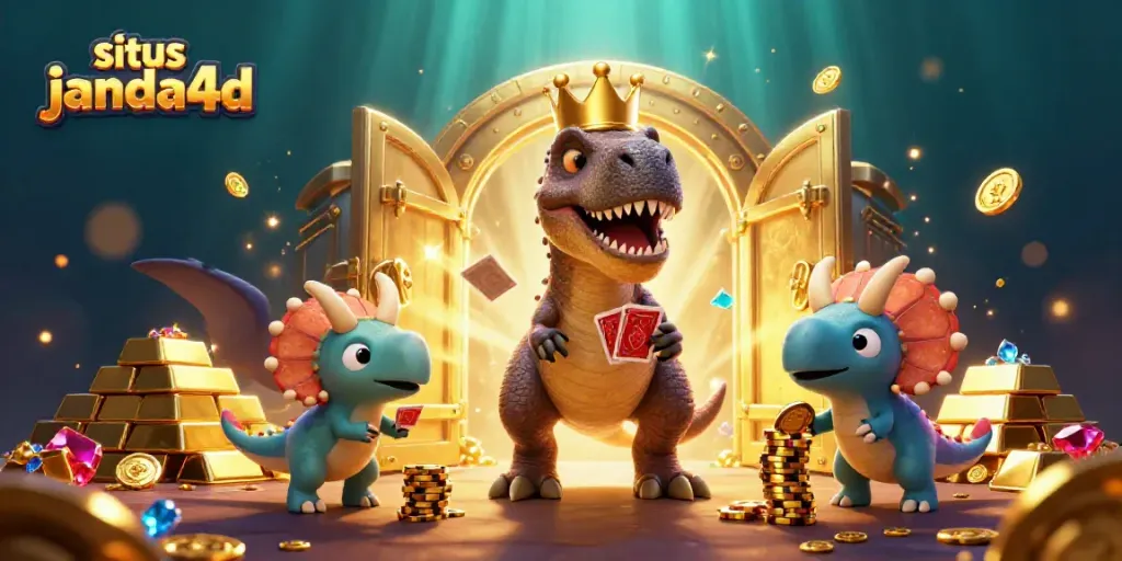 Permainan menarik di situs janda4d dengan dinosaurus dan chip emas dalam ilustrasi 3D