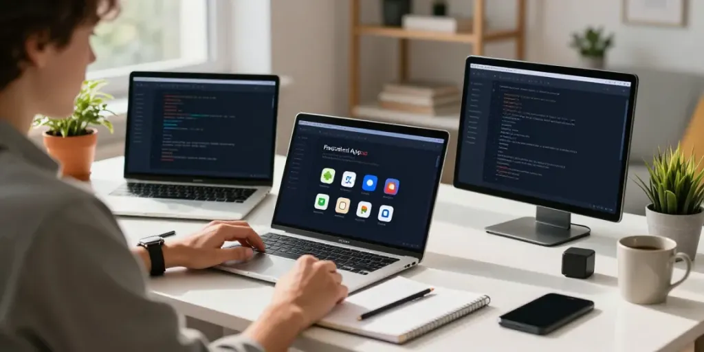 h5.2113.net user reviewing free Android apps in a modern office setup with dual monitors and natural lighting.