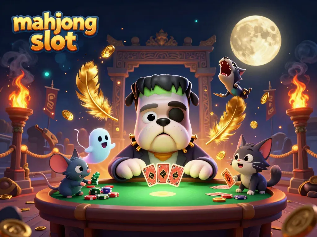 Experience exciting gameplay in mahjong slot with a playful Frankenstein bulldog dealer at a spooky casino table.