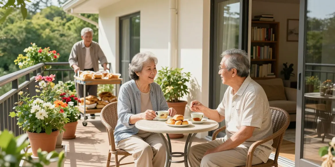 Discover this page's welcoming community living space scene with an elderly couple enjoying tea on their sunny balcony.