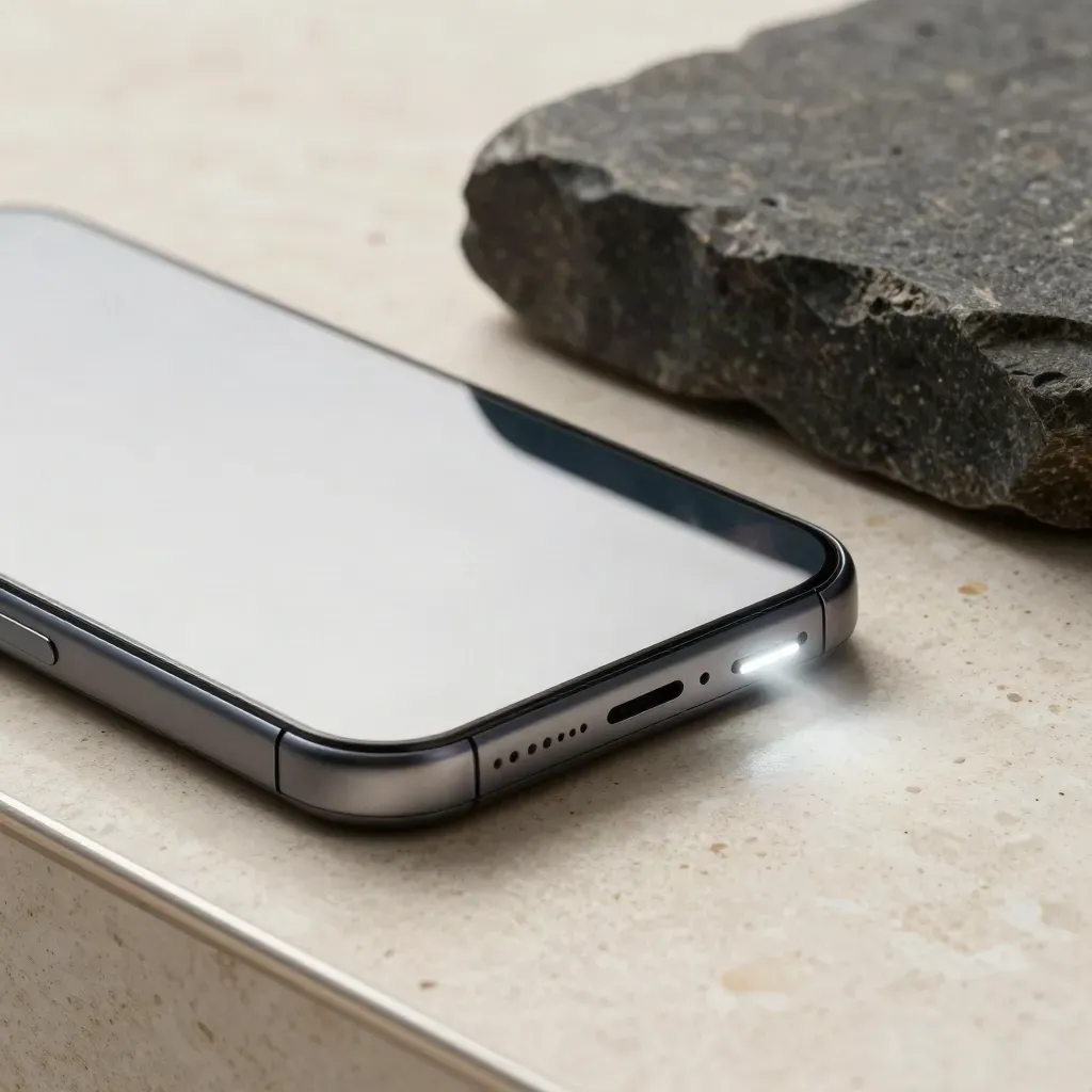 Face-down phone, slate light bar, mirrored tray, and dark stone block pulsing on travertine.