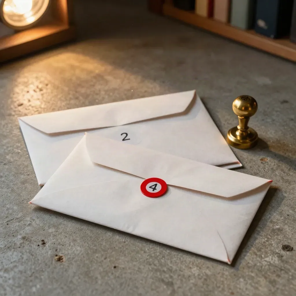 Sealed dispute envelopes and a brass date stamp on brushed concrete in warm window light.