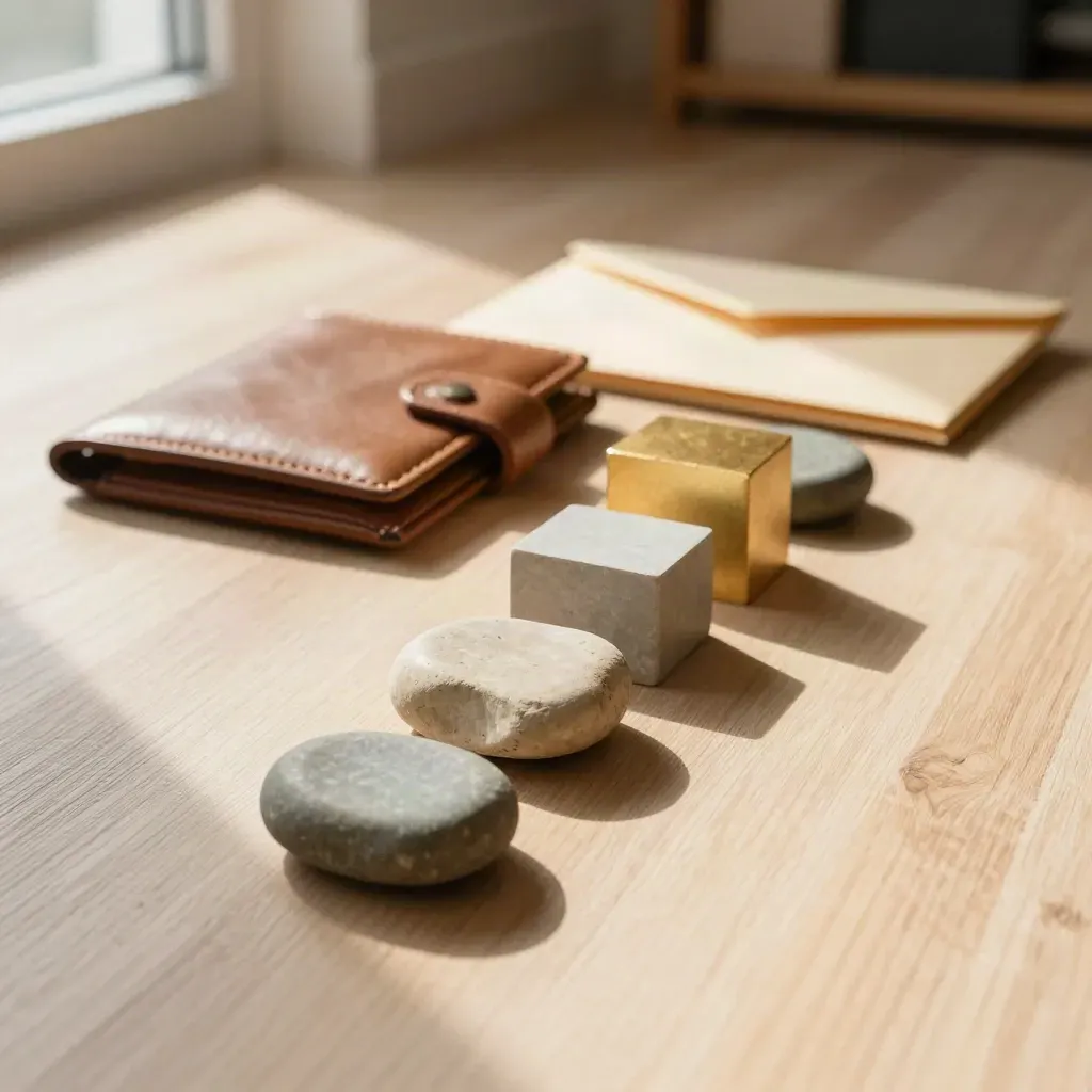 Matte payment stones, leather wallet insert, and sealed envelopes on pale wood in warm light.