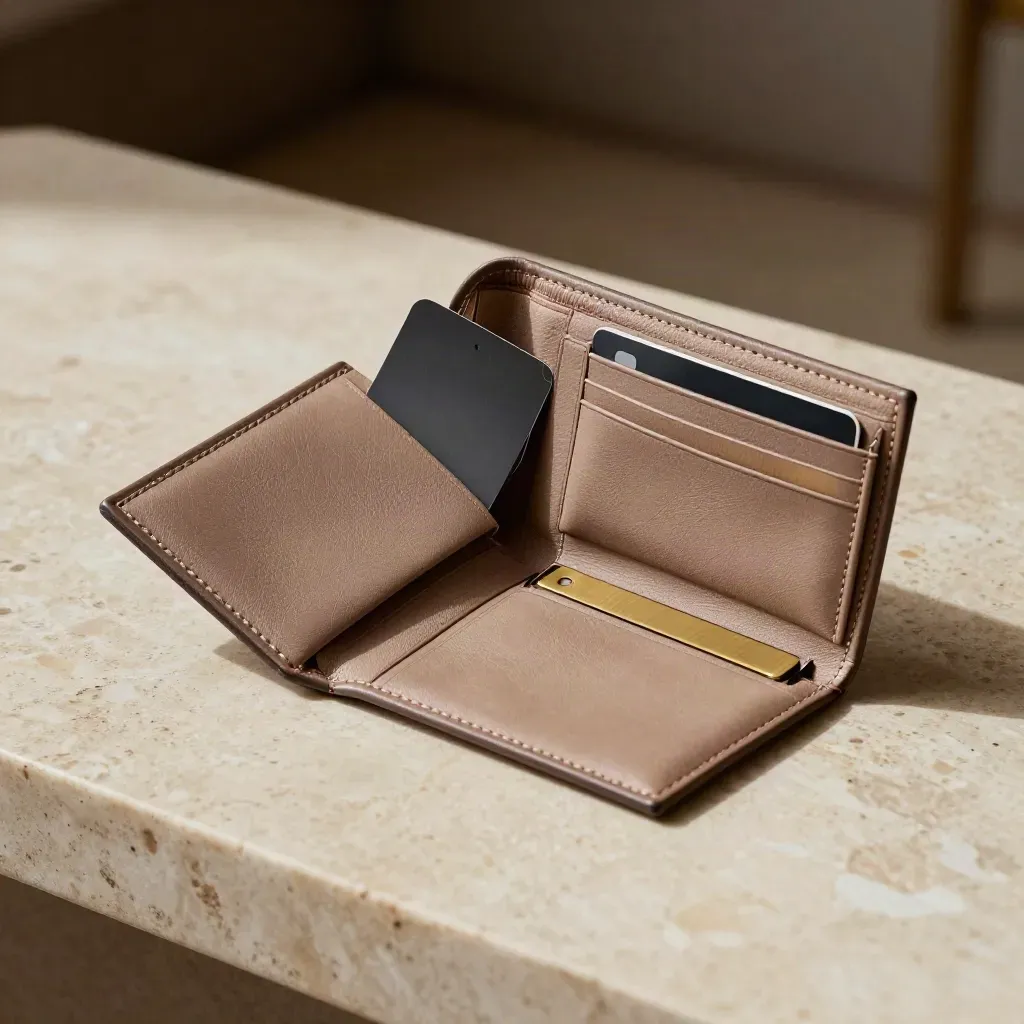 Premium wallet insert with one card left, open tray space on polished stone, cinematic gold light.