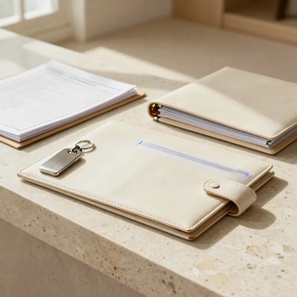 Credit folio, key tag, and sealed sleeve on pale travertine in warm window light.