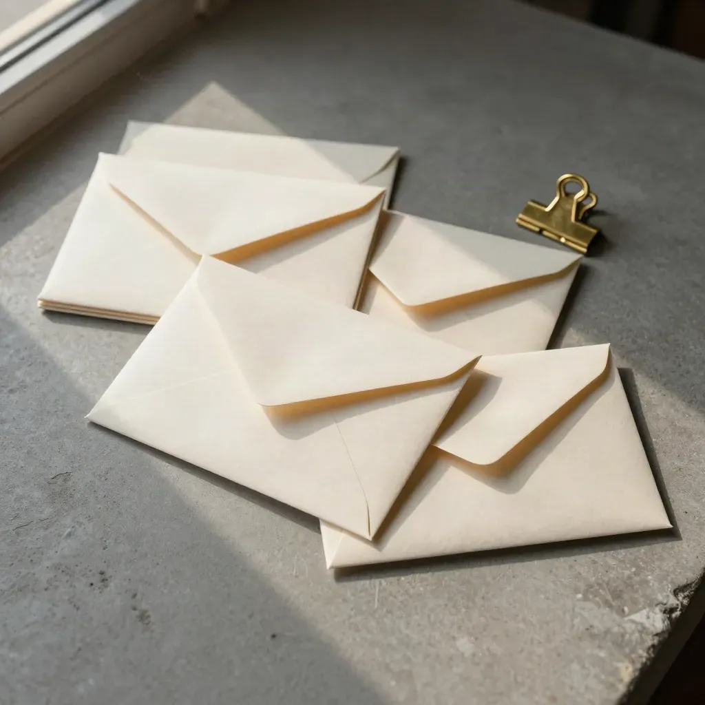 Three reply envelopes, divider markers, and a brass clip on concrete in warm window light.