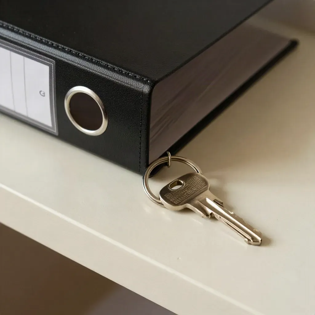Black binder spine, metal card holder, and key ring on pale plaster in close-up
