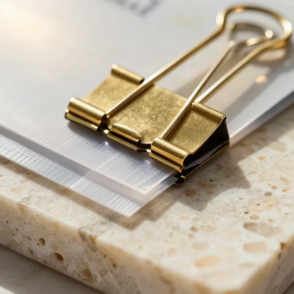 Macro brass clip gripping translucent finance sleeves on pale stone