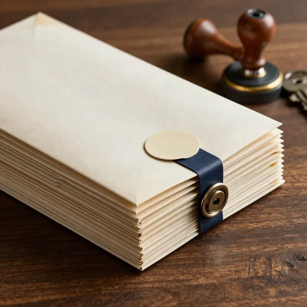 Dramatic still life of dispute mail packets, a return stamp, and sealed envelopes on dark walnut.