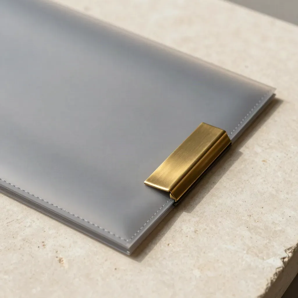 Top-down close-up of a translucent report sleeve with brass clip and divider tab on stone