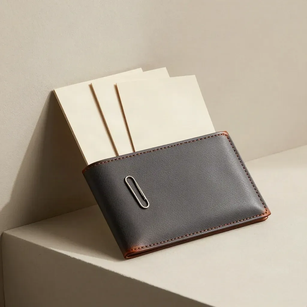 Leather folio with blank route cards and a paper clip on pale plaster, softly lit