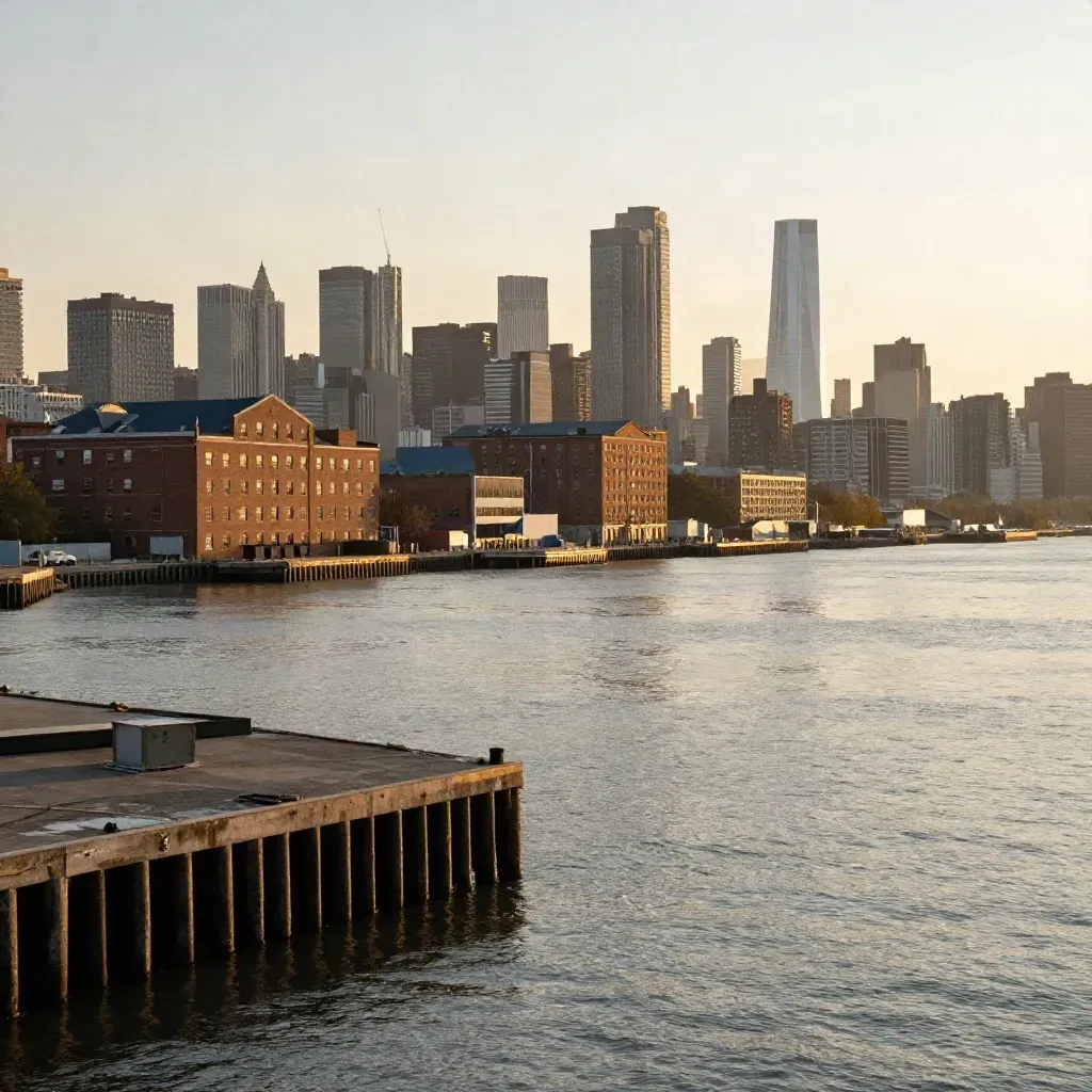 Golden hour Newark and Jersey City skyline above a calm riverfront with open water below.