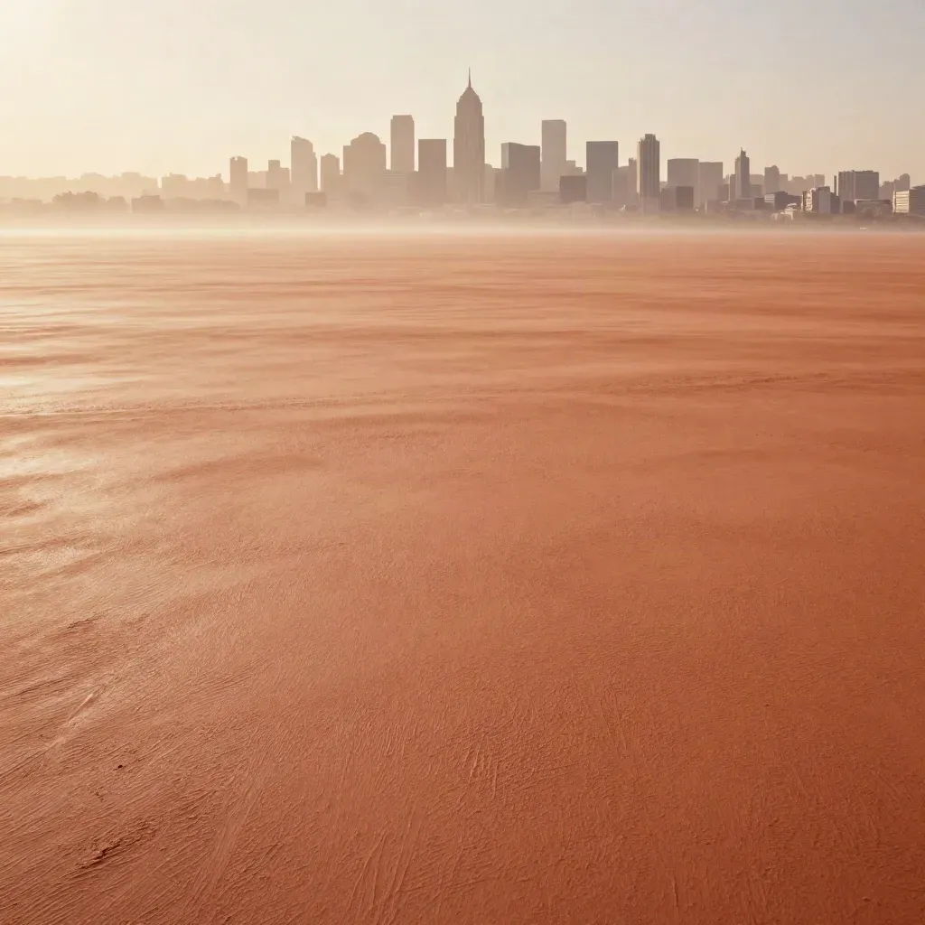 Layered distant city silhouettes fade into a luminous horizon over a terracotta plaster surface.