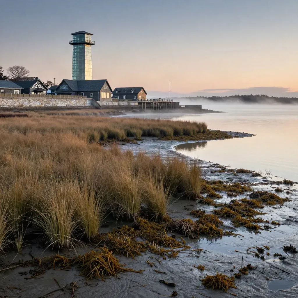 Blue-hour Connecticut marsh shoreline with distant harbor skyline and soft mist